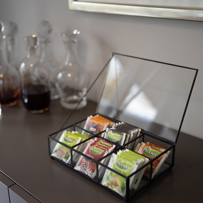 QUVIO Theedoos - Glas - Metaal - Zwart - 6 vakjes