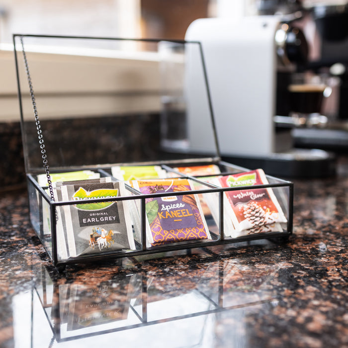 QUVIO Theedoos - Glas - Metaal - Zwart - 6 vakjes