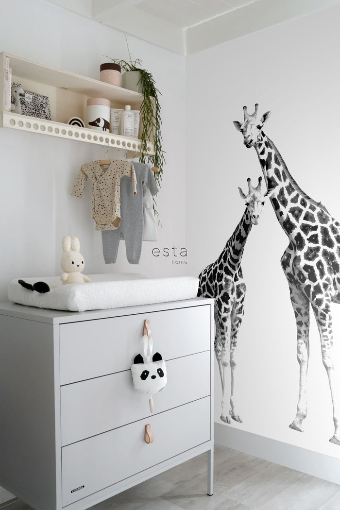 ESTAhome fotobehang giraffen zwart en wit - 139,5 cm x 2,79 m - 158701
