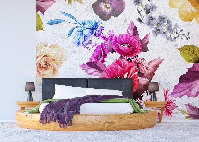 Sanders & Sanders fotobehang bloemen wit, roze en blauw - 360 x 270 cm