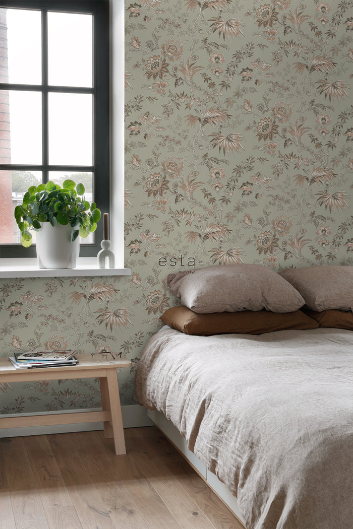 ESTAhome behang vintage bloemen vergrijsd mintgroen en zacht roze - 53