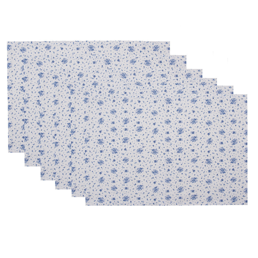 Clayre & Eef Placemats Set van 6 48x33 cm Wit Blauw Katoen Roosjes