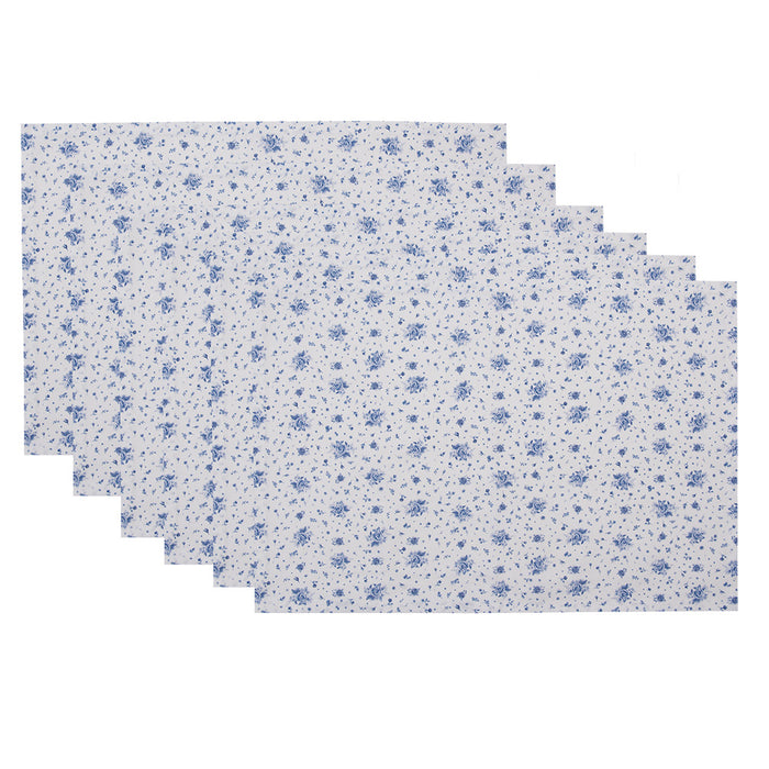 Clayre & Eef Placemats Set van 6 48x33 cm Wit Blauw Katoen Roosjes