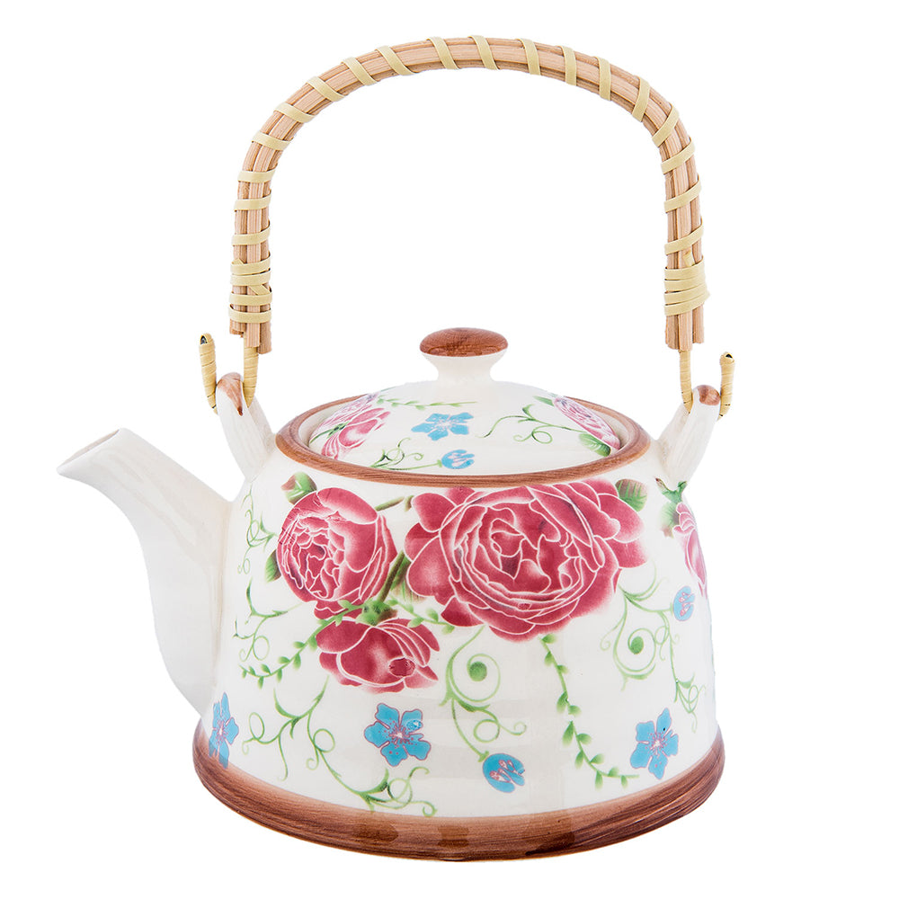 Clayre & Eef Theepot met Filter 700 ml Beige Roze Keramiek Bloemen
