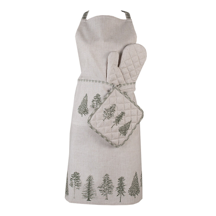 Clayre & Eef Keukenschort 70x85 cm Beige Groen Katoen Dennenbomen