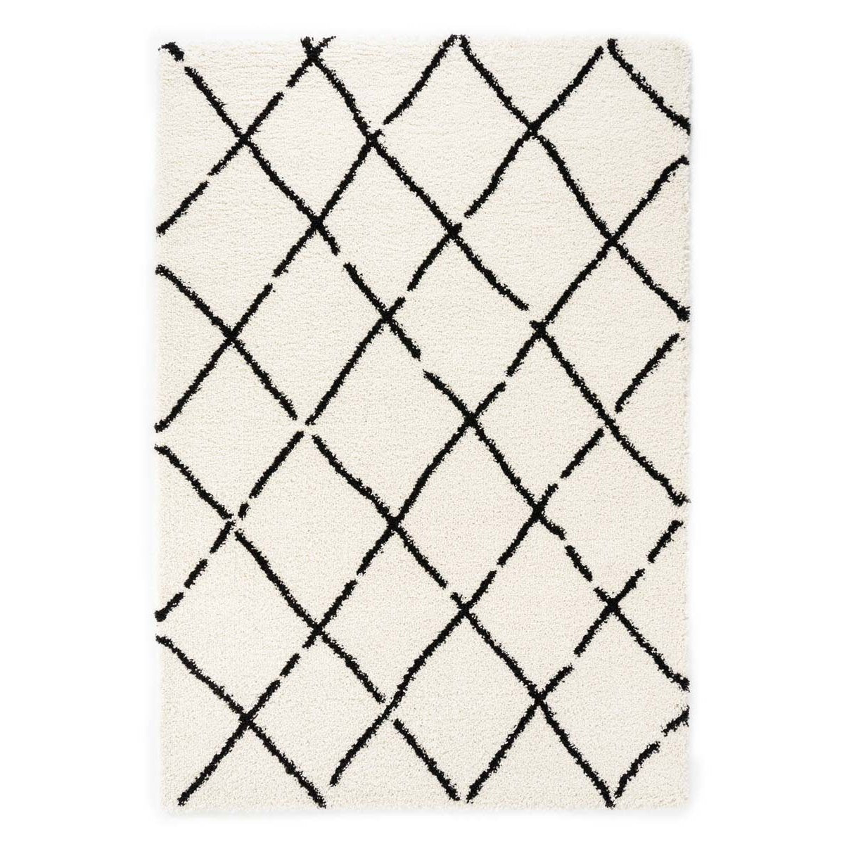 Boho&me Hoogpolige loper ruiten Artisan - wit|zwart - 80x200 cm