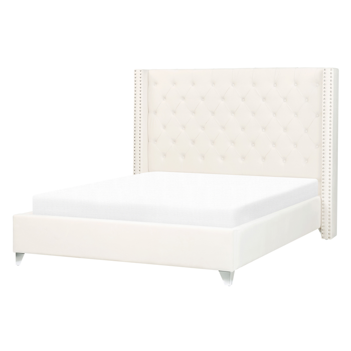 Beliani-LUBBON -Tweepersoonsbed-Gebroken wit-140 x 200 cm-Fluweel