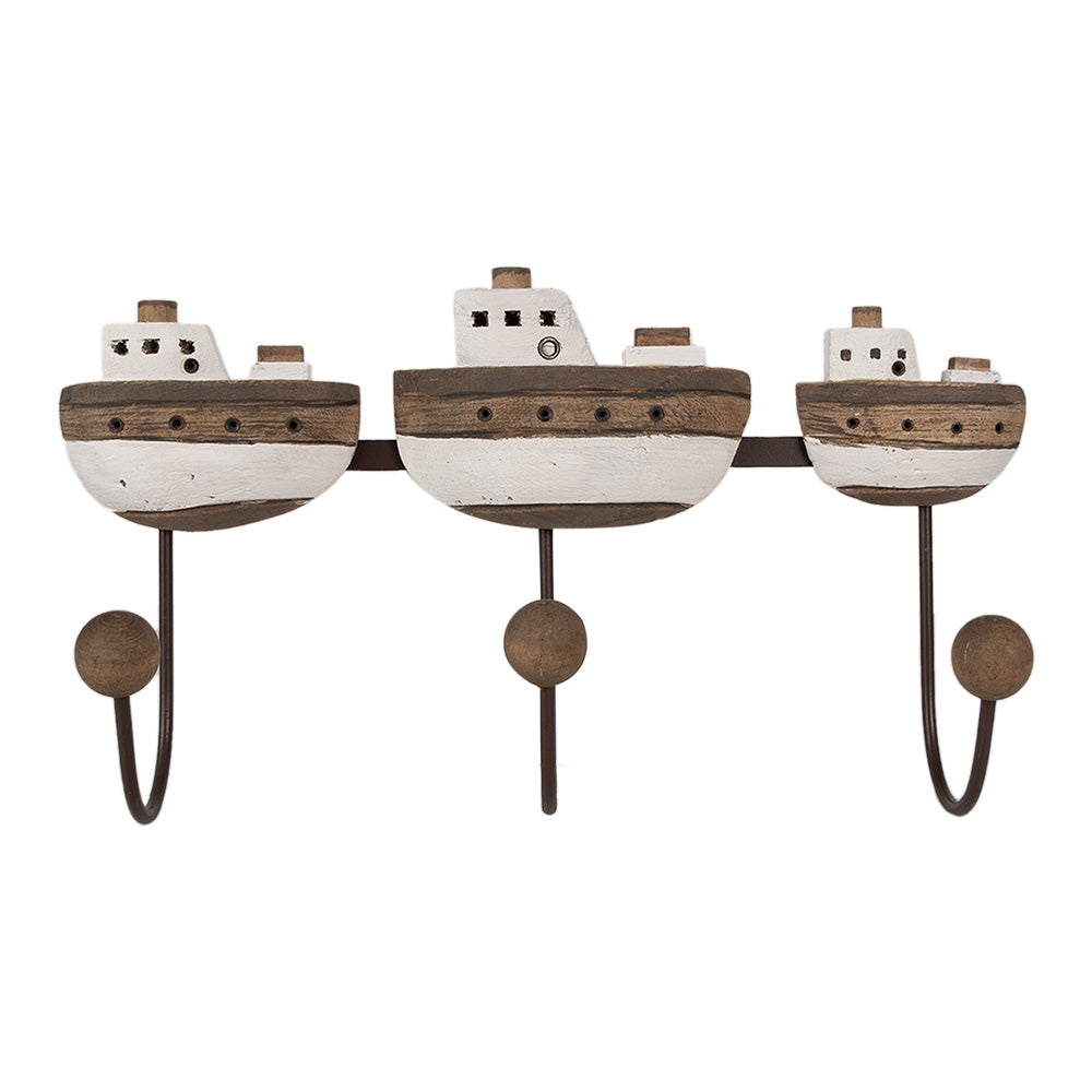 Clayre & Eef Wandkapstok 3 Haken Boot 38x10x20 cm Wit Bruin Hout IJzer