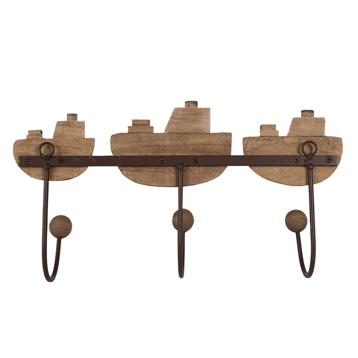 Clayre & Eef Wandkapstok 3 Haken Boot 38x10x20 cm Wit Bruin Hout IJzer