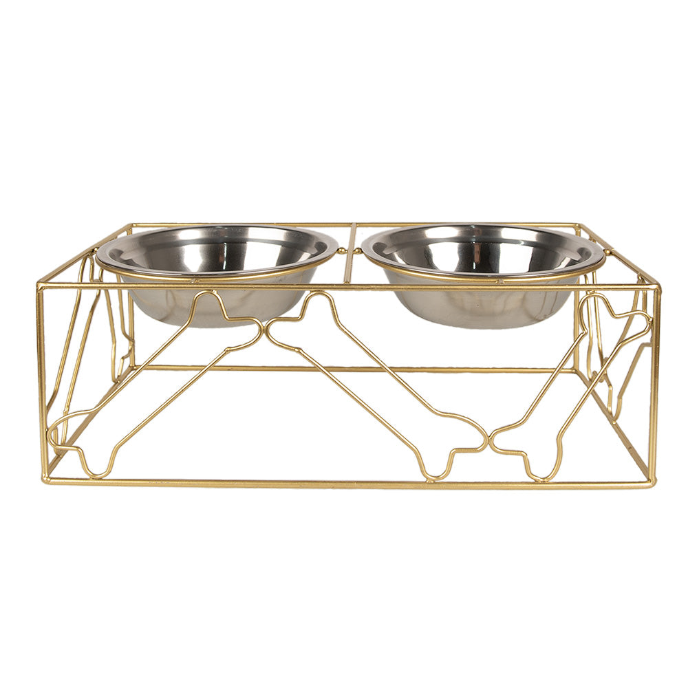 Clayre & Eef Voerbak Hond   2x500 ml Goudkleurig Ijzer Kluiven Voerbak
