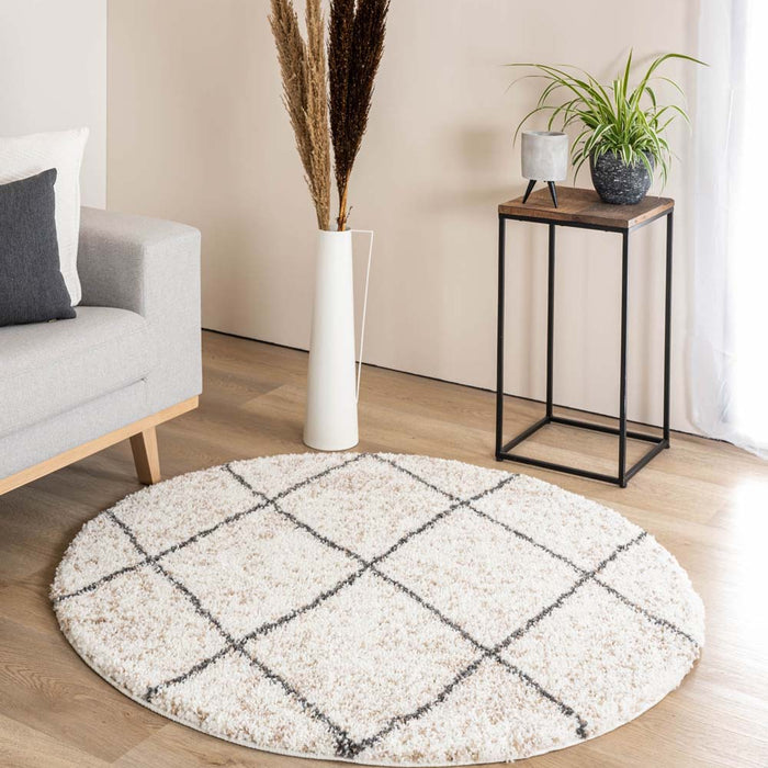 Boho&me Rond hoogpolig vloerkleed geruit Artisan - wit|grijs - 200 cm