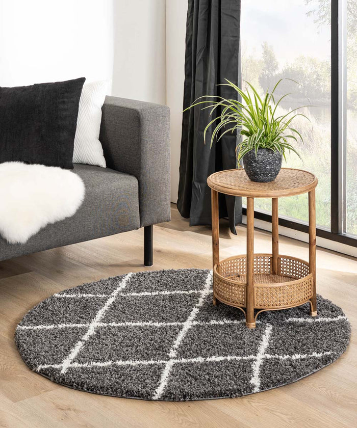 Boho&me Rond hoogpolig vloerkleed ruiten Habitat - grijs|wit - 240 cm