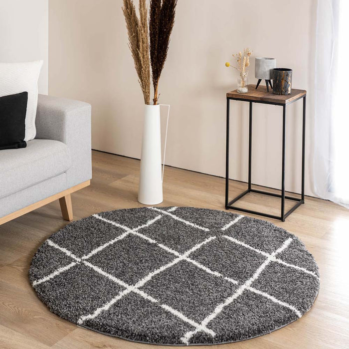 Boho&me Rond hoogpolig vloerkleed ruiten Artisan - grijs|wit - 240 cm