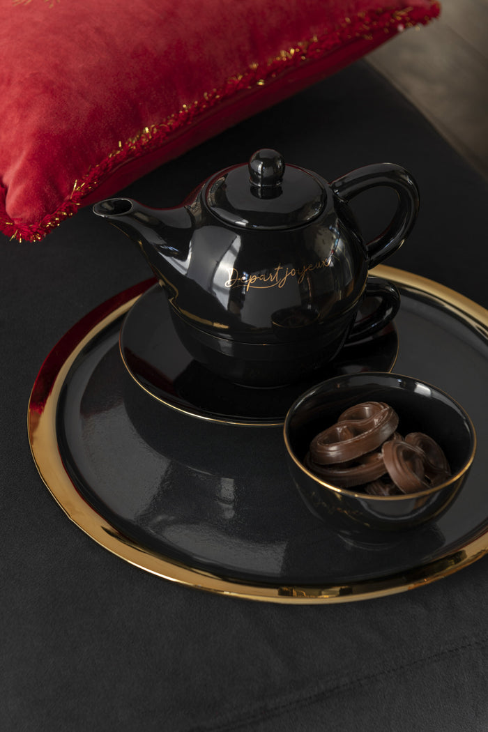 J-Line kom 'Départ Joyeux' - porselein - zwart|goud - small - 4 stuks