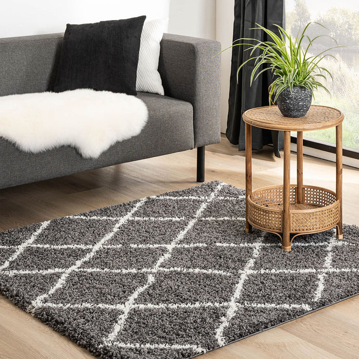 Boho&me Vierkant hoogpolig vloerkleed ruiten Habitat - grijs|wit -