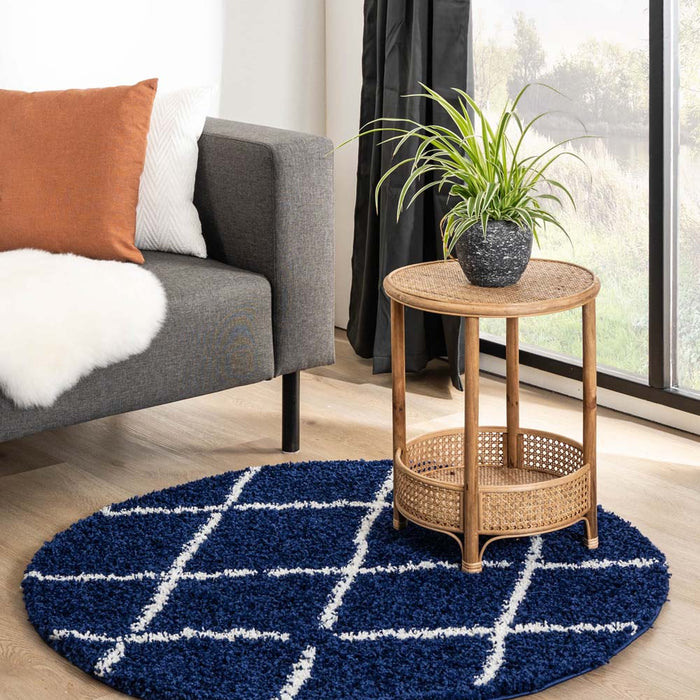 Boho&me Rond hoogpolig vloerkleed ruiten Habitat - marineblauw|wit -