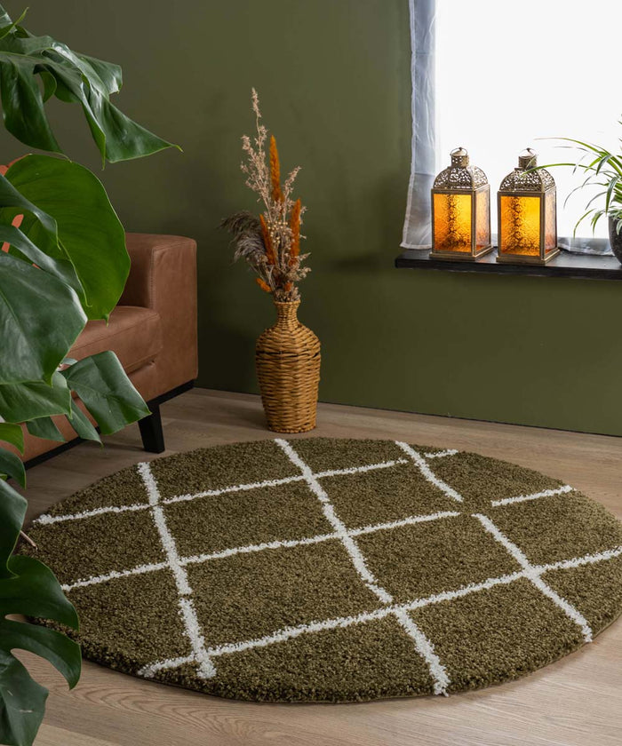 Boho&me Rond hoogpolig vloerkleed ruiten Artisan - olijfgroen|wit -