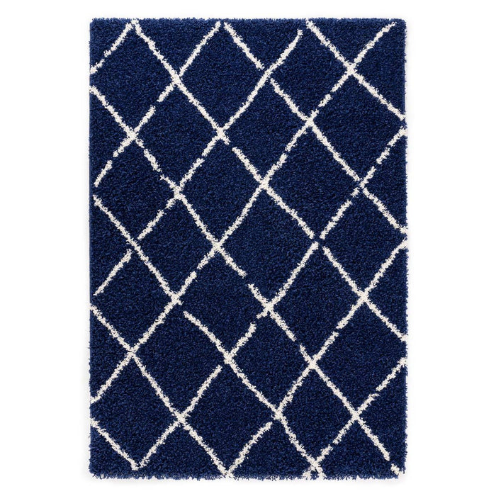 Boho&me Hoogpolige loper ruiten Habitat - marineblauw|wit - 80x200 cm