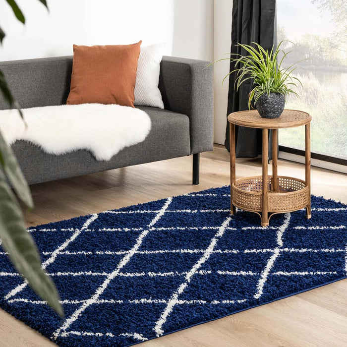 Boho&me Hoogpolig vloerkleed ruiten Habitat - marineblauw|wit -