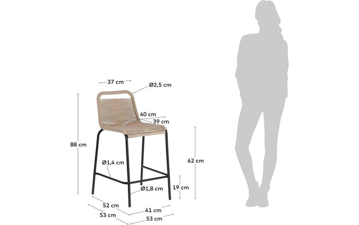 Kave Home - Lambton Kruk in bruin touw en staal met zwarte afwerking