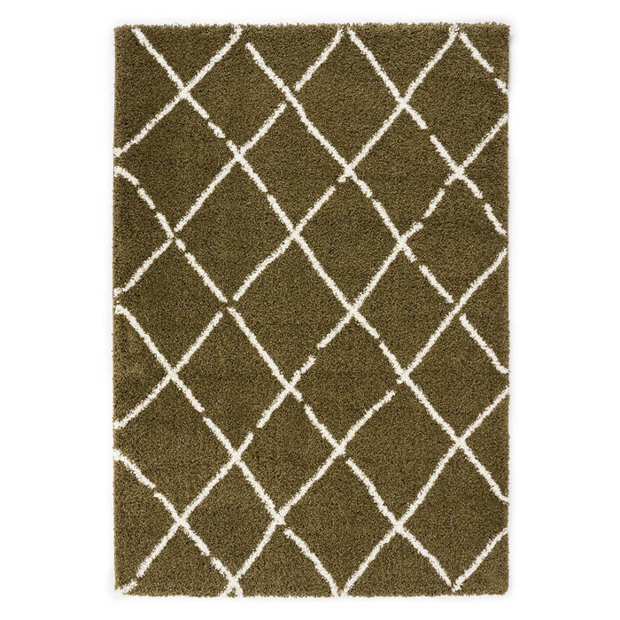 Boho&me Hoogpolige loper ruiten Artisan - olijfgroen|wit - 80x200 cm