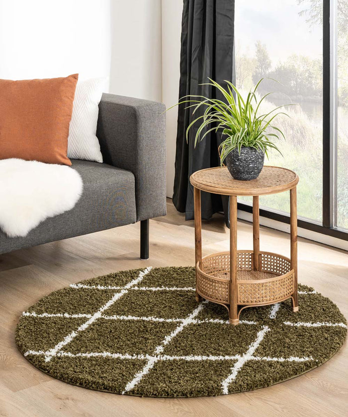 Boho&me Rond hoogpolig vloerkleed ruiten Habitat - olijfgroen|wit -