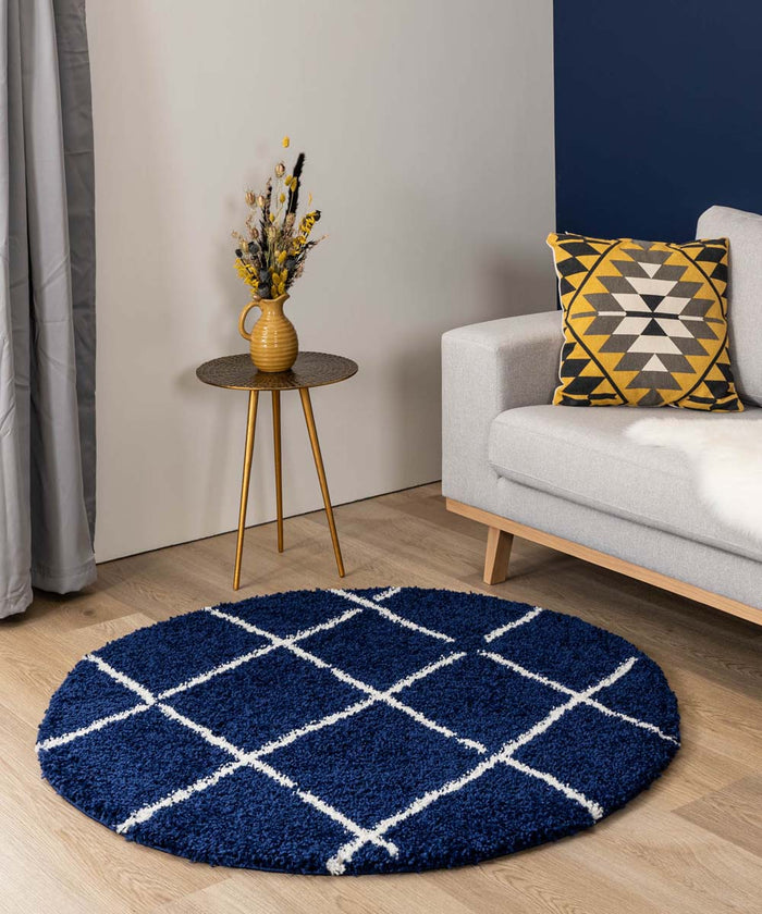 Boho&me Rond hoogpolig vloerkleed ruiten Artisan - marineblauw|wit -