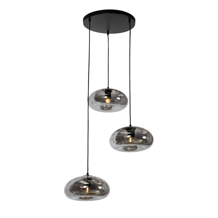 QAZQA Art Deco hanglamp zwart met smoke glas rond 3-lichts - Ayesha