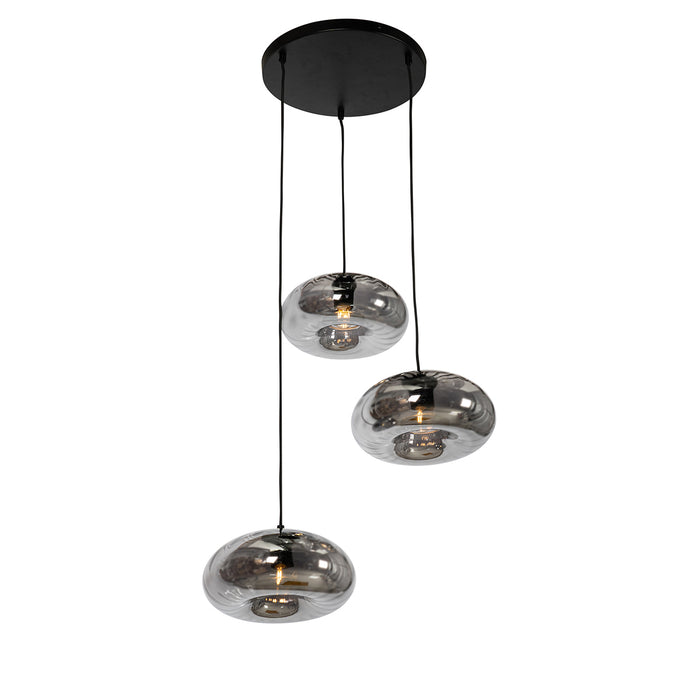QAZQA Art Deco hanglamp zwart met smoke glas rond 3-lichts - Ayesha