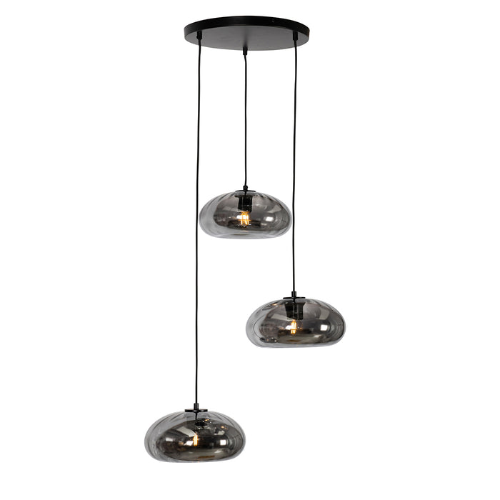 QAZQA Art Deco hanglamp zwart met smoke glas rond 3-lichts - Ayesha