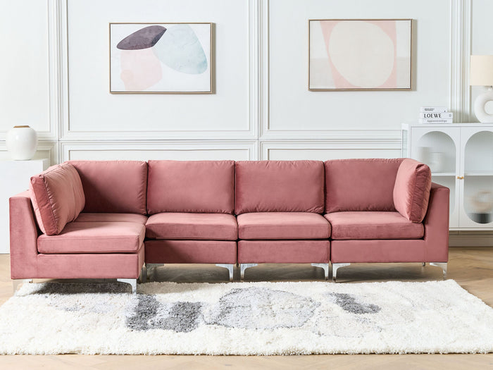 Beliani - EVJA - Hoekbank 5-zits - Roze - Rechterzijde - Fluweel