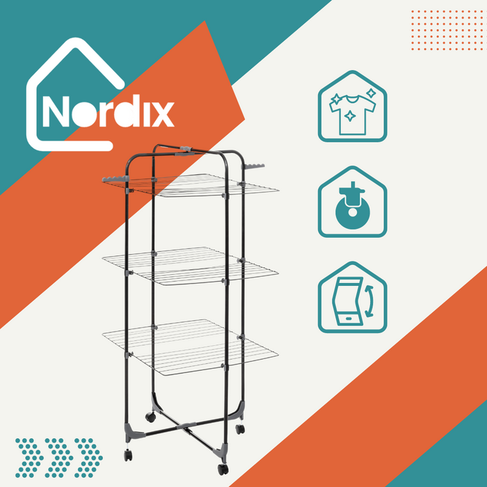 Nordix Droogrek Wasrek 3 Lagen met Wieltjes Uitklapbaar Droogtoren