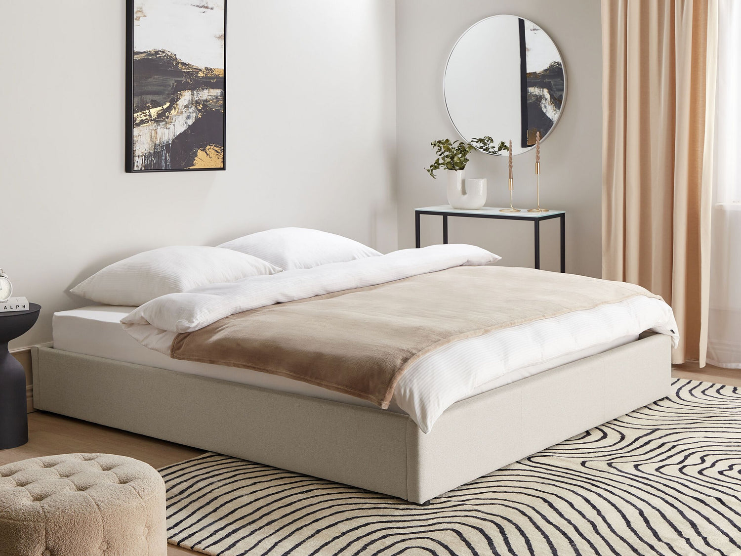 Beliani-DINAN-Tweepersoonsbed-Lichtbeige-180 x 200 cm-Polyester