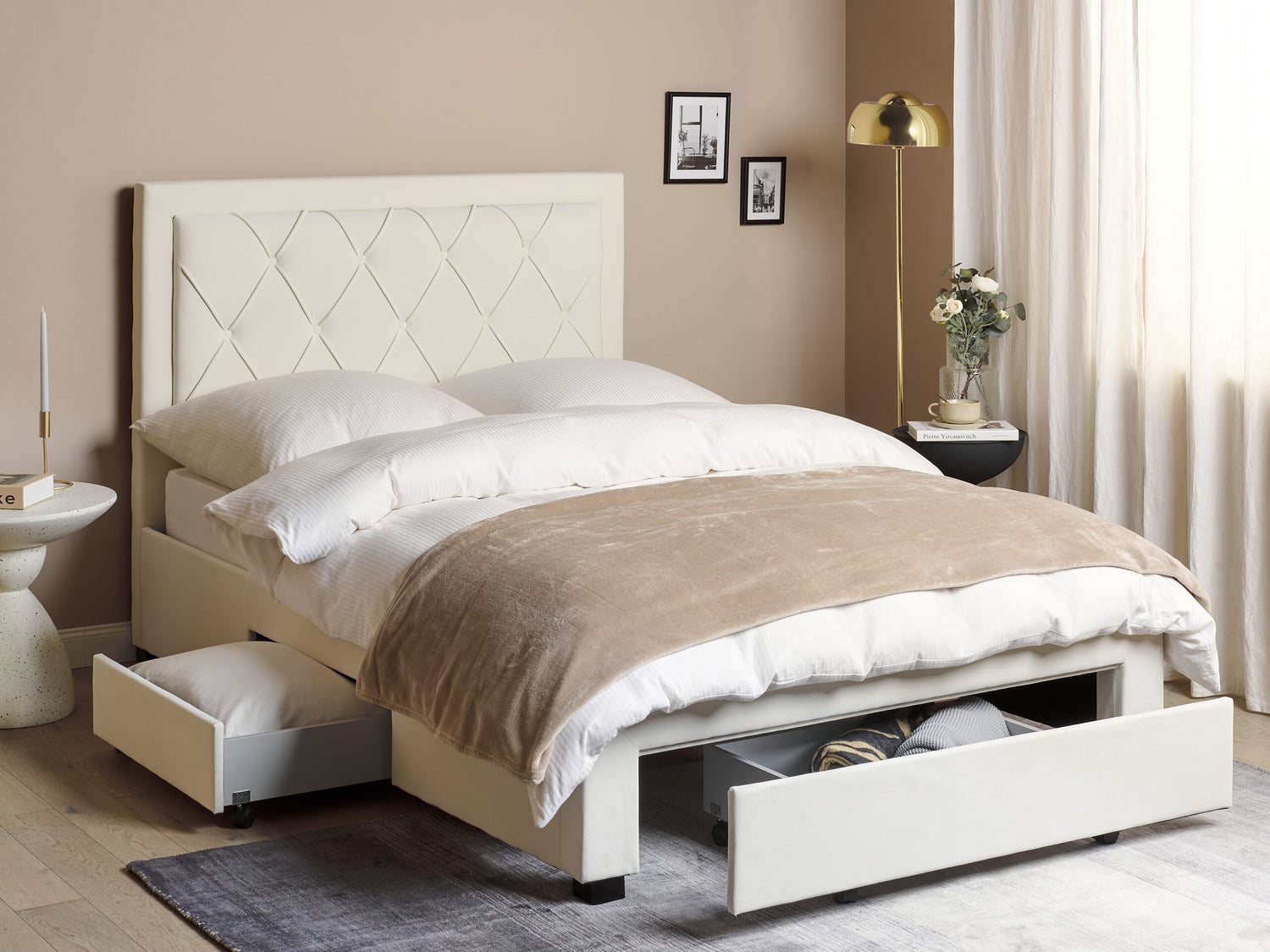 Beliani-LIEVIN-Bed met opbergruimte-Lichtbeige-140 x 200 cm-Fluweel