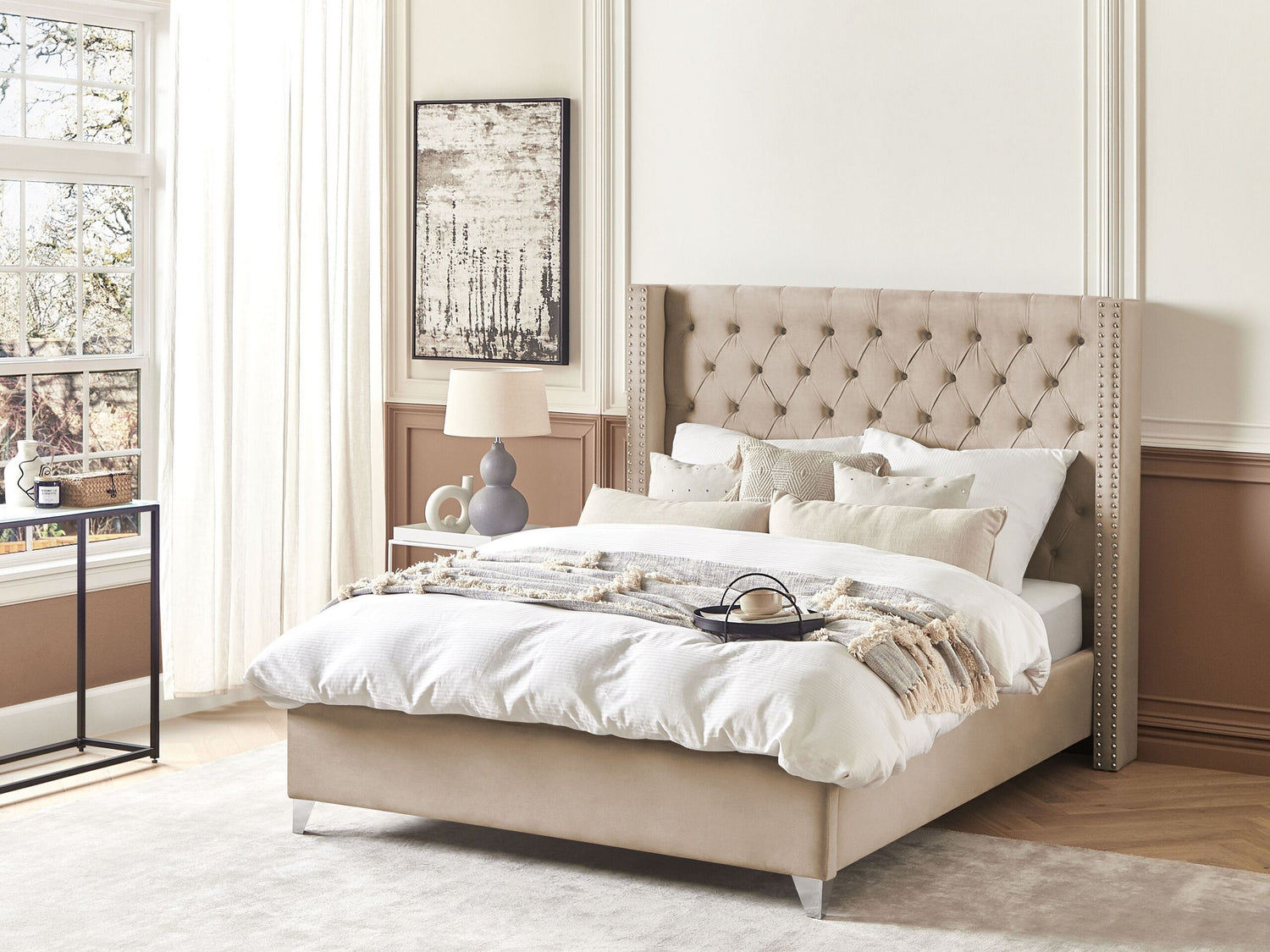 Beliani - LUBBON - Tweepersoonsbed - Beige - 140 x 200 cm - Fluweel