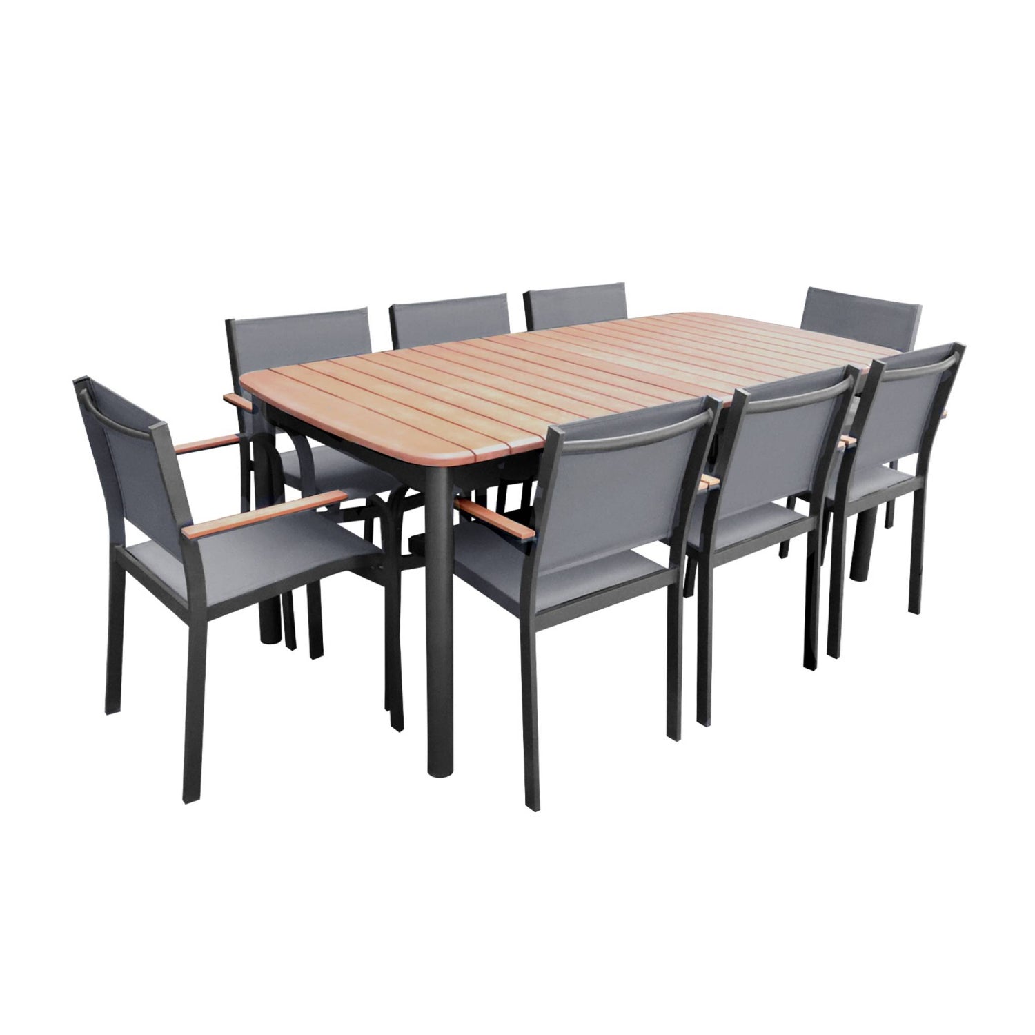 sweeek - Houten en aluminium tuinset, tuintafel + 8 fauteuils