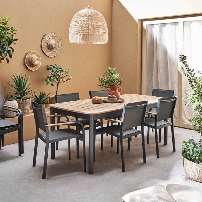 sweeek - Houten en aluminium tuinset, tuintafel + 8 fauteuils