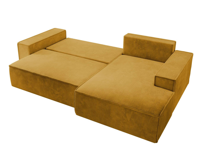 NADUVI Collection Galine Hoekbank met Chaise Longue Rechts met Slaapfunctie - Ribstof - Mosterdgeel
