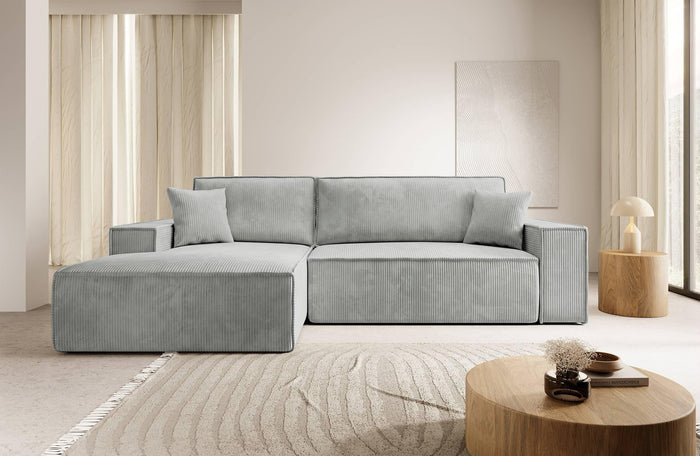 NADUVI Collection Galine Hoekbank met Chaise Longue Links met Slaapfunctie - Ribstof - Lichtgrijs