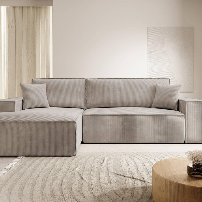 NADUVI Collection Galine Hoekbank met Chaise Longue Links met Slaapfunctie - Ribstof - Beige