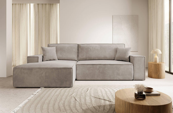 NADUVI Collection Galine Hoekbank met Chaise Longue Links met Slaapfunctie - Ribstof - Beige