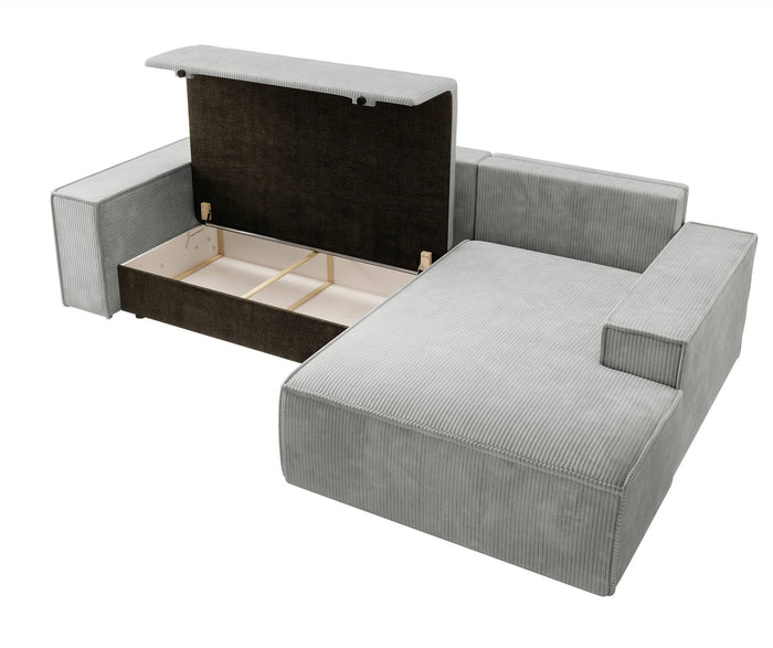 NADUVI Collection Galine Hoekbank met Chaise Longue Rechts met Slaapfunctie - Ribstof - Lichtgrijs
