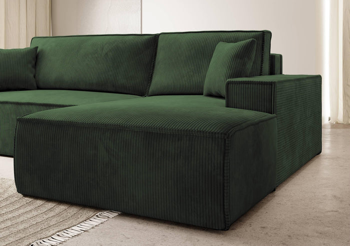 NADUVI Collection Galine Hoekbank met Chaise Longue Rechts met Slaapfunctie - Ribstof - Donkergroen