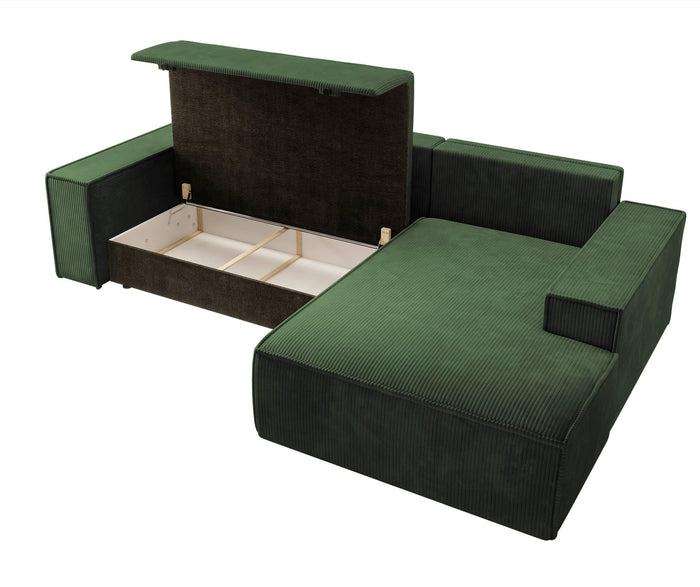 NADUVI Collection Galine Hoekbank met Chaise Longue Rechts met Slaapfunctie - Ribstof - Donkergroen