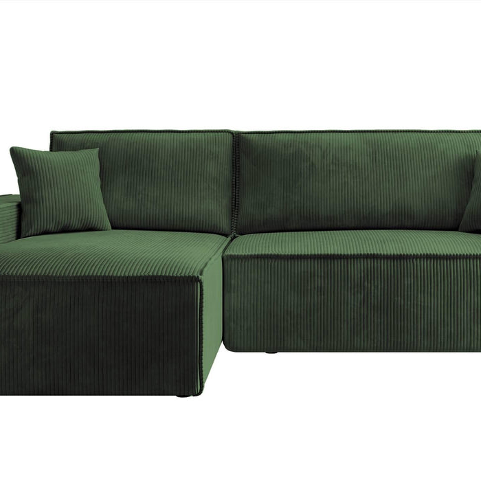 NADUVI Collection Galine Hoekbank met Chaise Longue Links met Slaapfunctie - Ribstof - Donkergroen