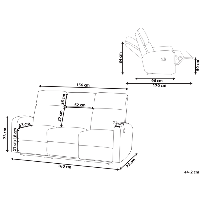 Beliani-VERDAL-Driezitsbank handmatig verstelbaar-Off-white-Fluweel