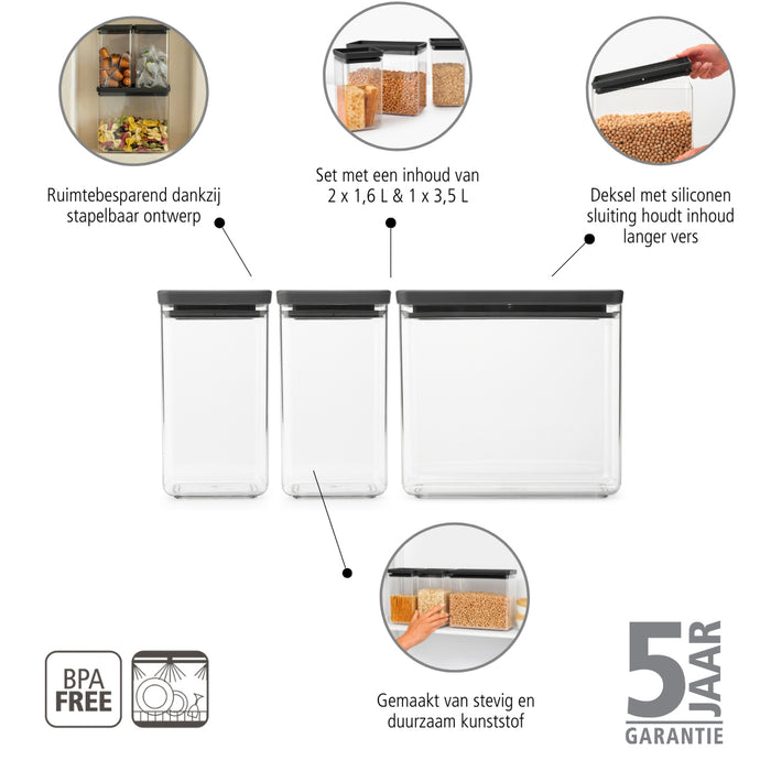 Brabantia Tasty+ Stapelbare Voorraadbus Set van 3 - 1,6 + 1,6 + 3,5 L - Dark Grey