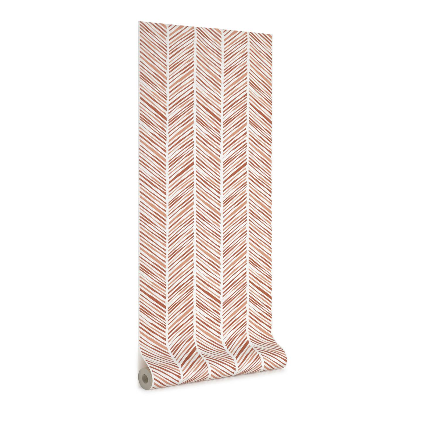 Kave Home - Uriana behangpapier in wit met bruine streepprint, 10 x