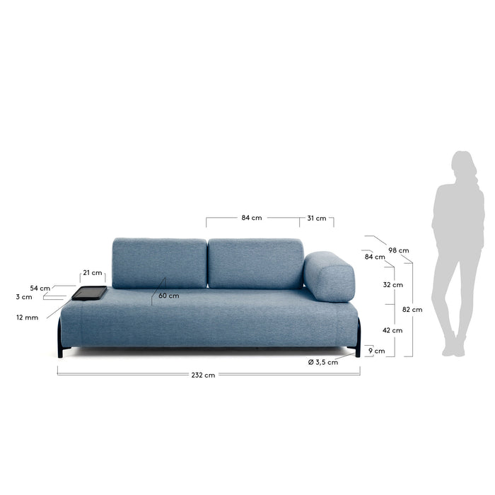 Kave Home - 3-zitsbank Compo blauw met klein dienblad 232 cm