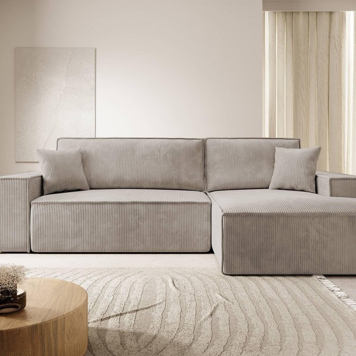 NADUVI Collection Galine Hoekbank met Chaise Longue Rechts met Slaapfunctie - Ribstof - Beige